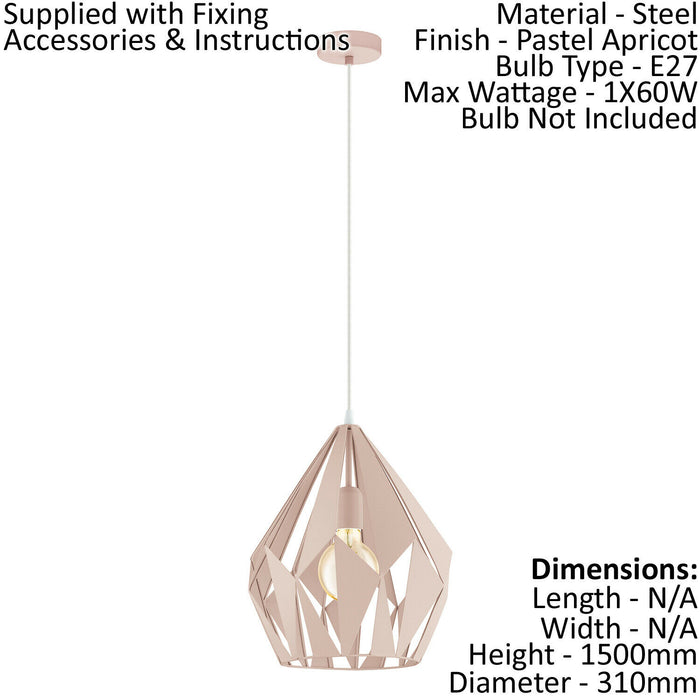 Hanging Ceiling Pendant Light Pastel Apricot Steel 1 x 60W E27 Bulb Loops
