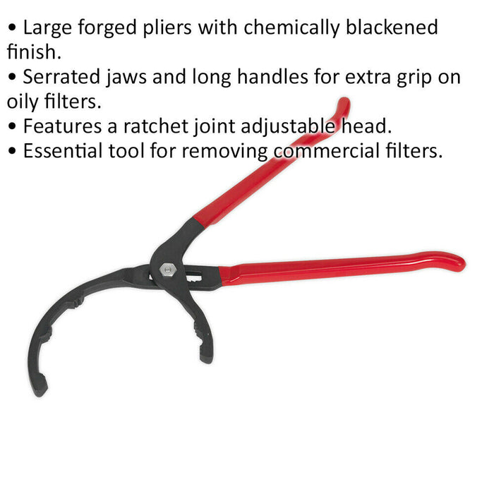 Large Oil Filter Pliers - 95mm to 178mm Serrated Jaws - Commercial Vehicle Loops