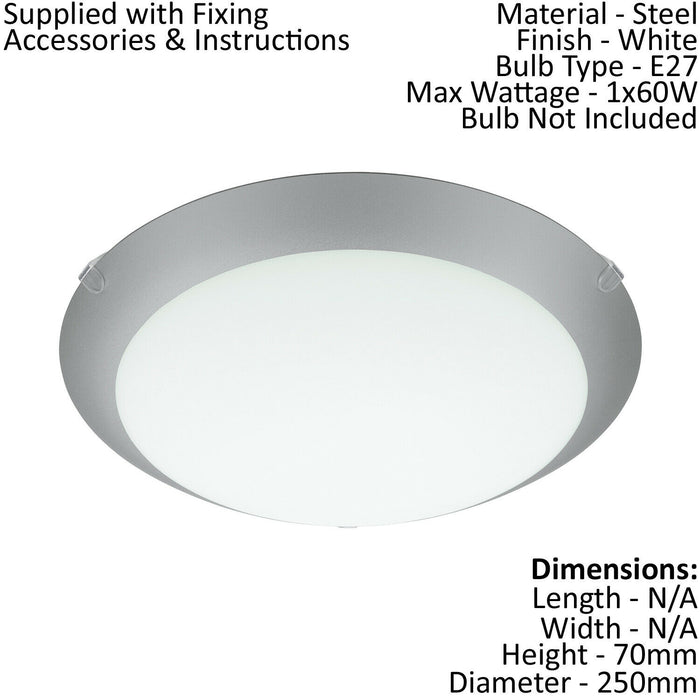 Wall Flush Ceiling Light White Steel White Silver Satin Glass Bulb E27 1x60W Loops