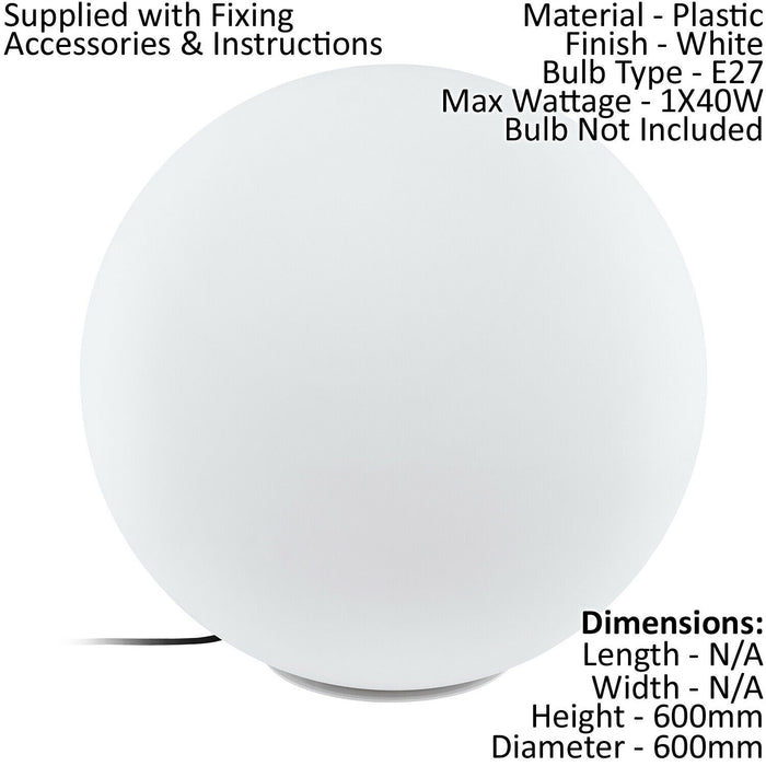 2 PACK IP65 Outdoor Garden Ball Light White Plastic 1x 40W E27 600mm Globe Loops