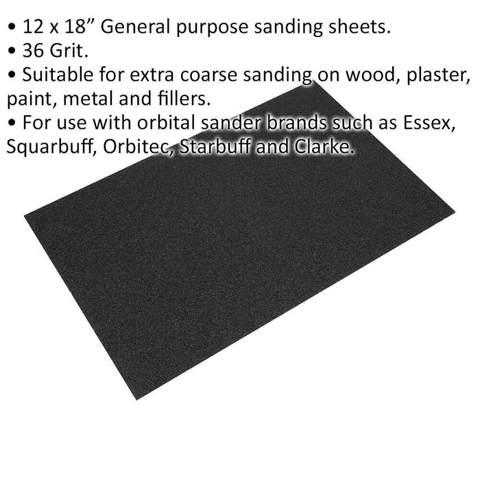 20 PACK Orbital Sanding Sheets - 12 x 18 Inch - 36 Grit - Electric Sander Paper Loops