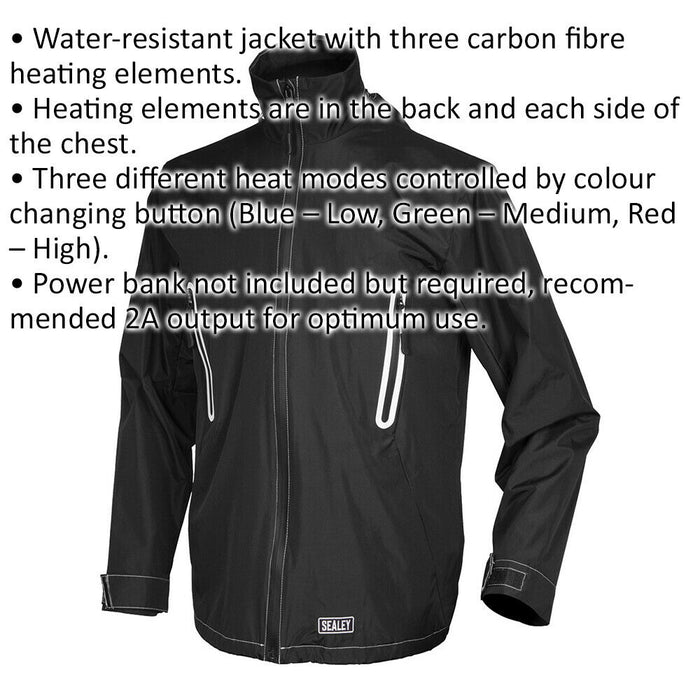 5V Heated Rain Jacket - Carbon Fibre Heating Elements - Large - Waterproof Loops