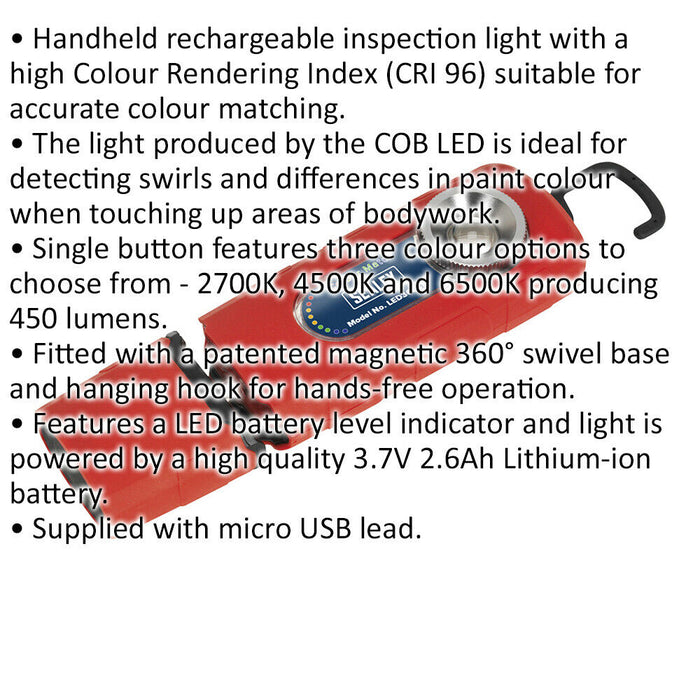 360° Swivel Inspection Light - 24 SMD & 3W SMD LED - Rechargeable - CRI 96 - Red Loops