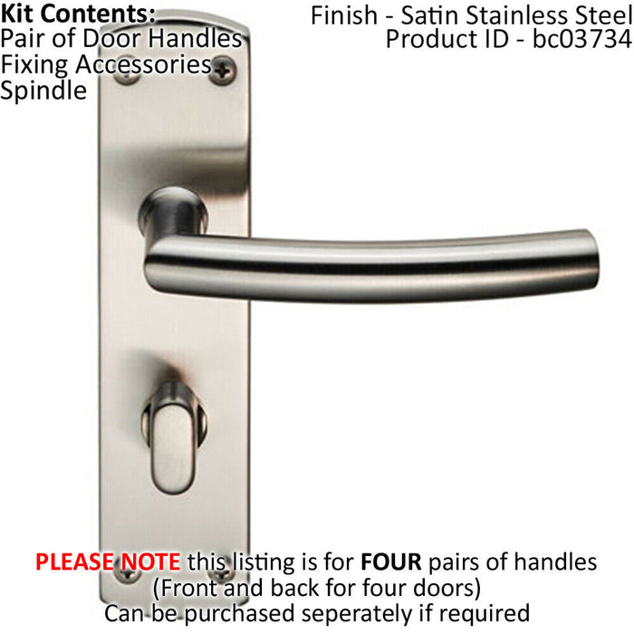 4x Arched Lever on Bathroom Backplate Door Handle Thumbturn Lock Satin Steel Loops