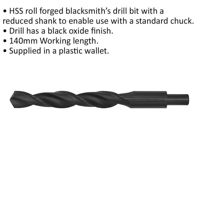 20 x 205mm HSS Roll Forged Blacksmith Drill Bit - Reduced Shank - 140mm Flute Loops