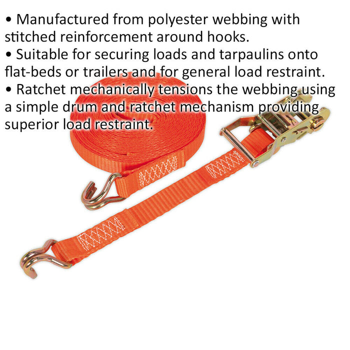 25mm x 8m 1500KG Ratchet Tie Down Straps Set - Polyester Webbing & Steel J Hook Loops