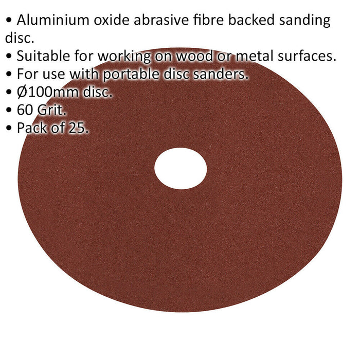 25 PACK 100mm Fibre Backed Sanding Discs - 60 Grit Aluminium Oxide Round Sheet Loops