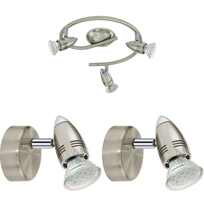 Ceiling Spot Light & 2x Matching Wall Lights Round Satin Nickel Adjustable Lamp Loops
