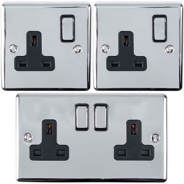 UK Plug Socket Pack -1x Twin & 2x Single Gang- CHROME / Black 13A Switched Loops