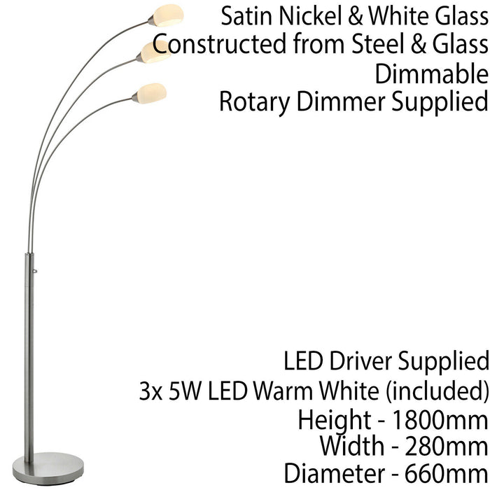 3 Light Floor Lamp Nickel & Glass Tall Standing Curved Multi Arm Living Room Loops