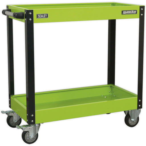 Heavy Duty 2 Level Workshop Trolley - 80kg Per Shelf - Locking Castors - Green Loops