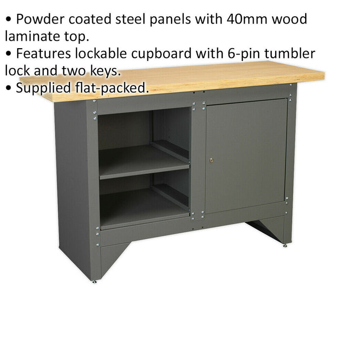 Heavy Duty Steel Workbench - Shelf & Locked Cupboard - Garage Work Wood Station Loops
