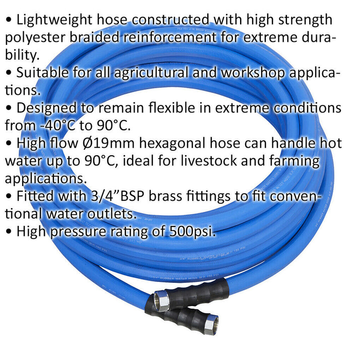 15m Hot and Cold Rubber Water Hose Pipe - 19mm Diameter Heavy Duty Hex Hose Loops