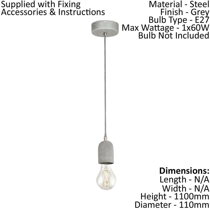 Pendant Ceiling Light Steel Rose Grey Concrete Shade Elegant Bulb E27 1x60W Loops