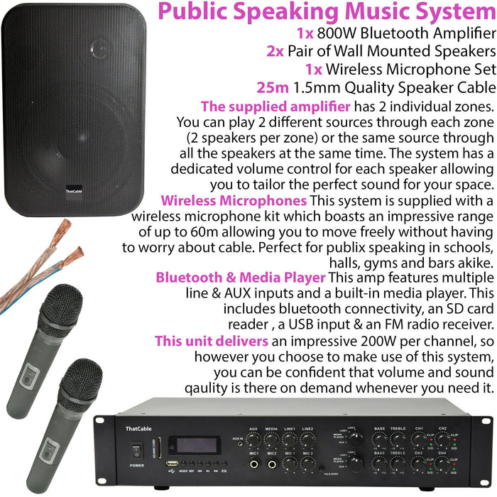 Wireless Microphone Public Address System 4x Black 200W Wall Speakers 800W Amp