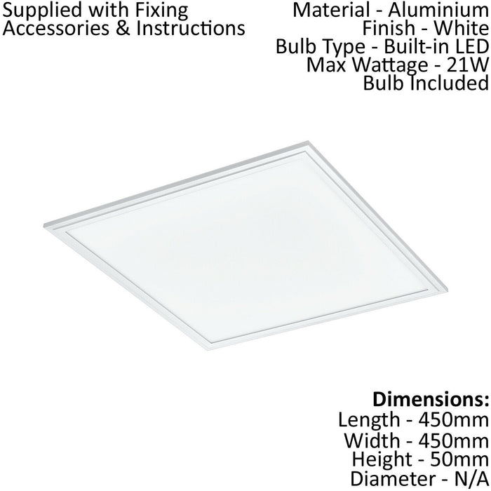 Wall / Ceiling Light White 450mm Slim Square Panel 21W Built in LED 4000K Loops