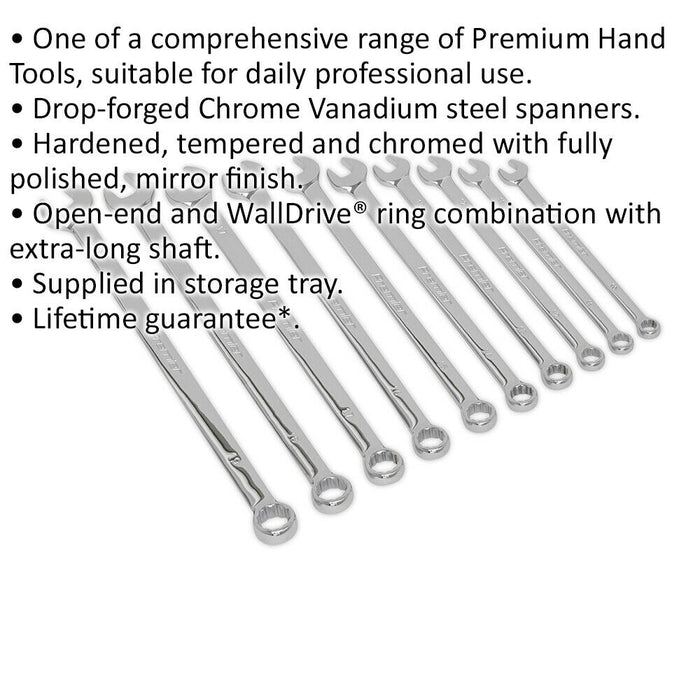 10pc Extra Long Combination Hand Spanner Set - 10 to 19mm Metric 12 Point Socket Loops