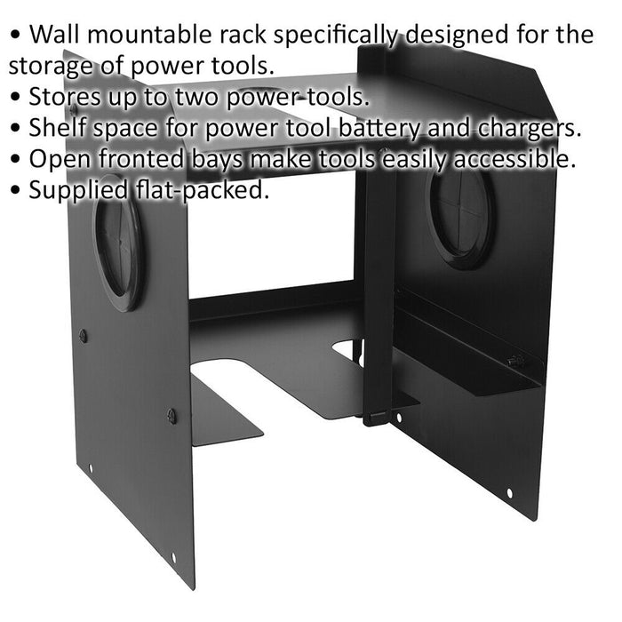 Wall Mounted Twin Power Tool Storage Rack Bracket - Drill Battery Charger Shelf Loops