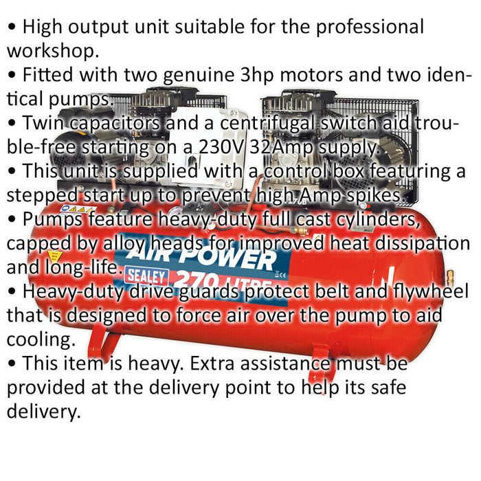 270 Litre Belt Drive Air Compressor - Dual 3hp Motors & Pumps - Cast Cylinders Loops
