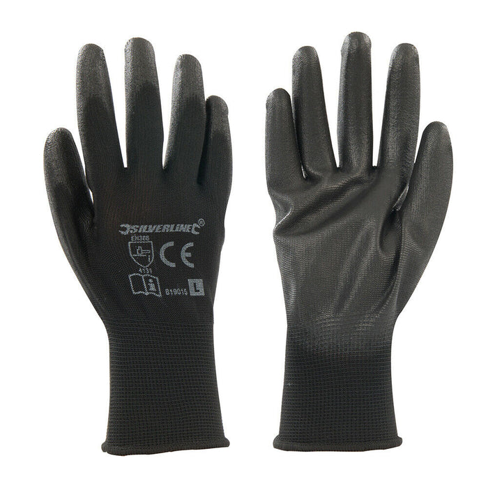 LARGE Black Gloves 13 Gauge Knitted & Poly Coated Palms & Fingers Open Back Loops