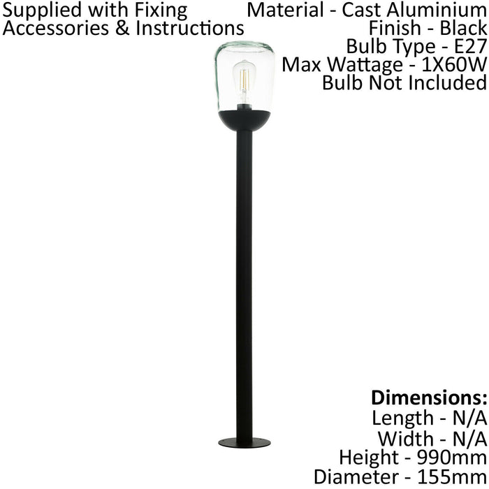 IP44 Outdoor Bollard Light Black Aluminium & Glass 1 x 60W E27 Bulb Lamp Post Loops