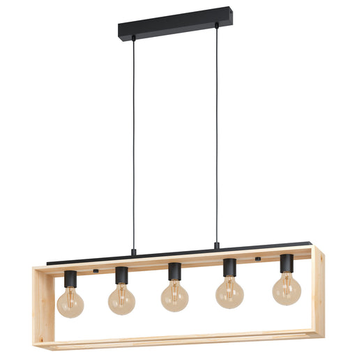 Hanging Ceiling Pendant Light Black & Natural Wood 5x 40W E27 Kitchen Island Loops