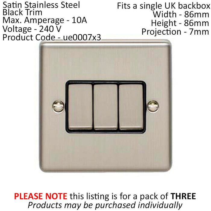 3 PACK 3 Gang Triple Metal Light Switch SATIN STEEL 2 Way 10A Black Trim Loops