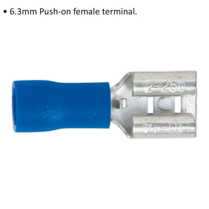 100 PACK 6.3mm Push-On Female Terminal - Suitable for 16 to 14 AWG Cable - Blue Loops