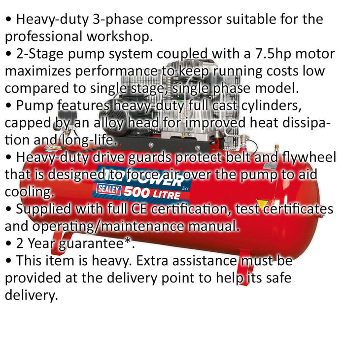 500 Litre Belt Drive Air Compressor - 2-Stage Pump System with 7.5hp Motor Loops