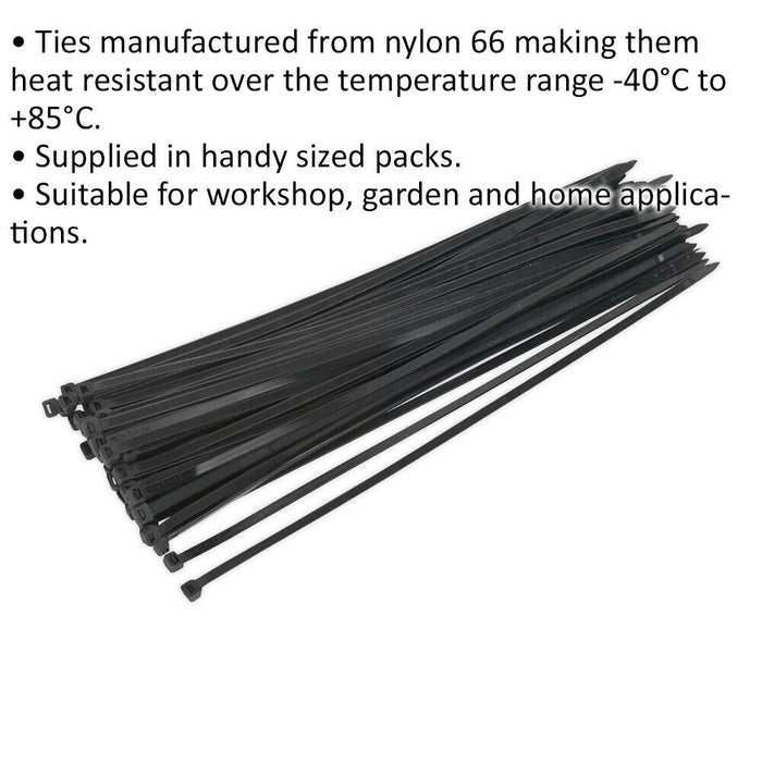 50 PACK Black Cable Ties - 450 x 7.6mm - Nylon 66 Material - Heat Resistant Loops