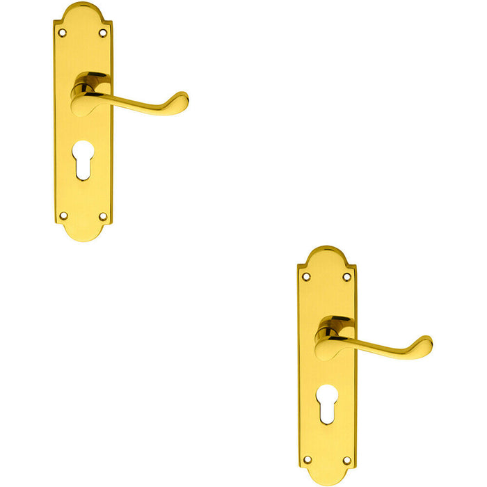 2x PAIR Victorian Scroll Lever on Euro Lock Backplate 205 x 49mm Polished Brass Loops