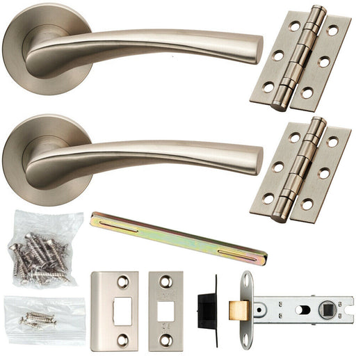 Door Handle & Latch Pack Satin Steel Twisted Curved Lever Screwless Round Rose Loops