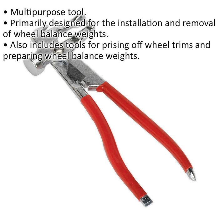 240mm Multipurpose Wheel Balancing Weight Pliers - Hammer Pry Bar Trims Rims Loops