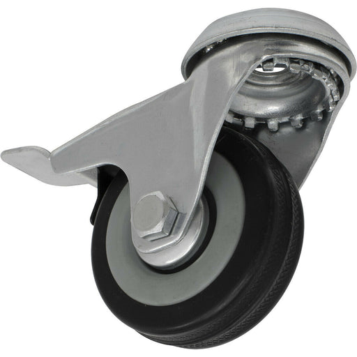50mm Swivel Bolt Hole Castor Wheel with Brake - 18mm Rubber Tread Steel Centre Loops