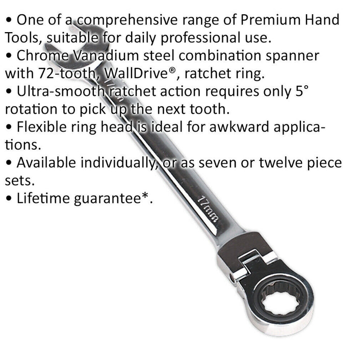 17mm Flexible Ratchet Combination Spanner - Flexible Ring Head - Chrome Vanadium Loops