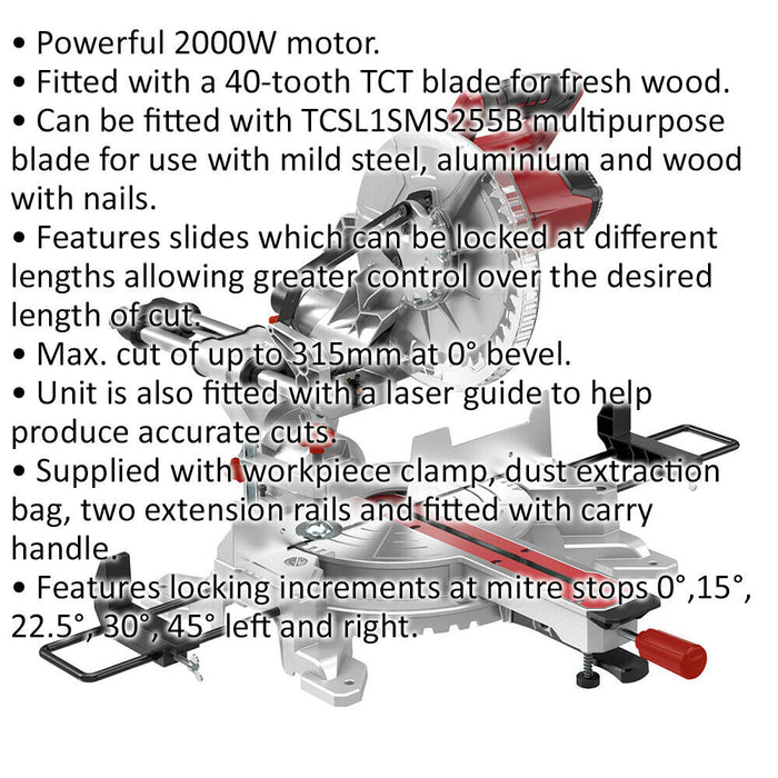 Sliding Compound Mitre Saw with 255mm 40 Tooth TCT Blade - 2000W Motor Loops