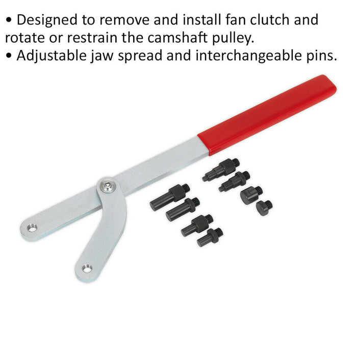 Universal Pulley & Fan Clutch Holder Set - Adjustable Jaw & Pins Rotate Camshaft Loops