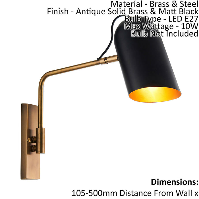 Wall Light - Antique Solid Brass & Matt Black - 10W LED E27 - Dimmable - e10431 Loops