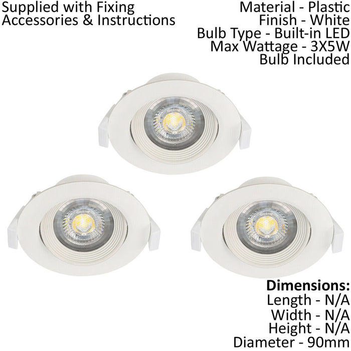 3 PACK Flush Adjustable Ceiling Downlight White Plastic 5W Built in LED Loops