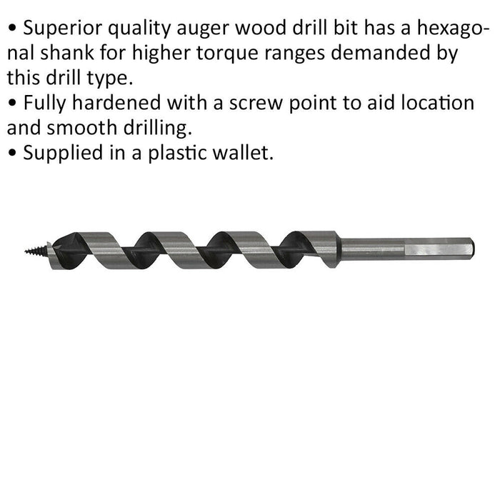 20 x 235mm Hardened Auger Wood Drill Bit - Hexagonal Shank - Woodwork Timber Loops