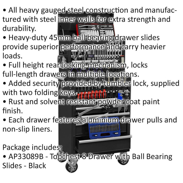 Heavy Duty 15 Drawer Topchest & Rollcab Bundle - 147 Piece Tool Kit - Black Loops