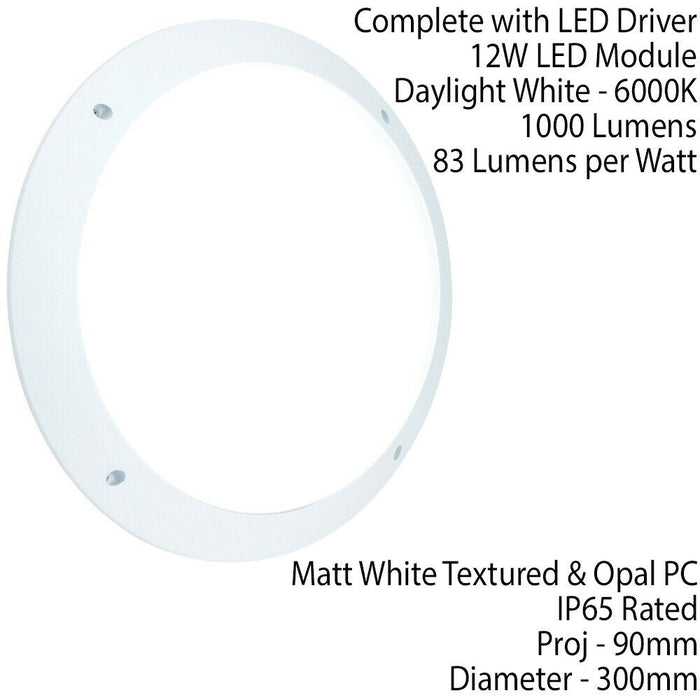 IP65 Outdoor Round Wall Ceiling Lamp Matt White Plain Bulkhead 12W Daylight LED Loops