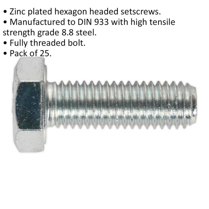 25 PACK HT Setscrew - M10 x 30mm - Grade 8.8 Zinc - Fully Threaded - DIN 933 Loops