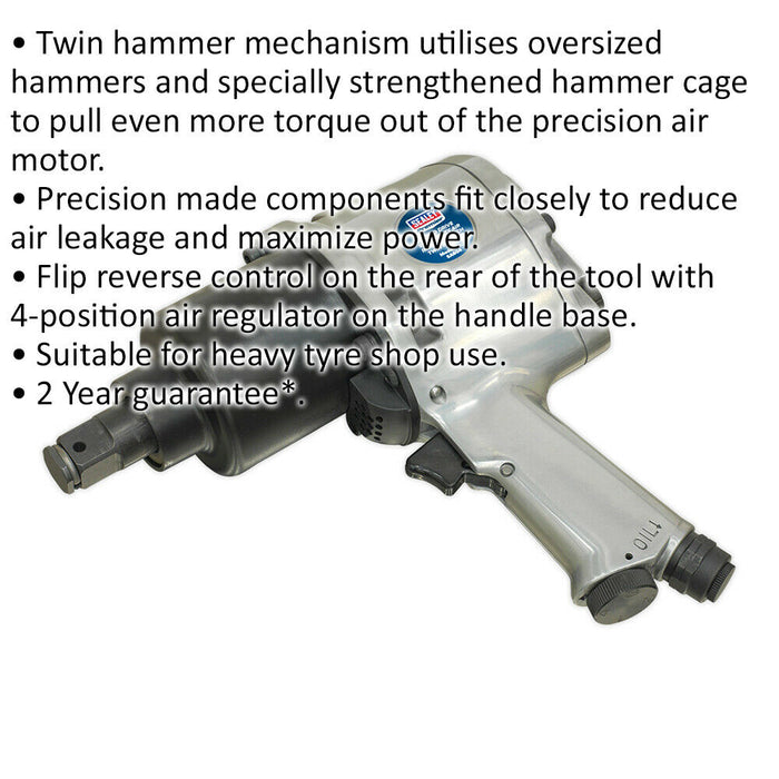 Heavy Duty Air Impact Wrench - 3/4 Inch Sq Drive - Twin Hammer - Reverse Action Loops