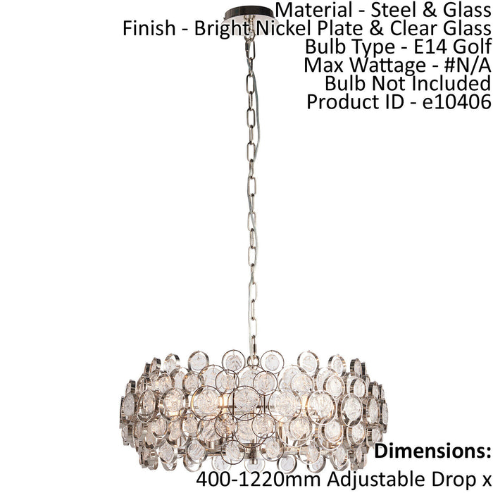 Ceiling Pendant Light Bright Nickel Plate & Clear Glass 6 x 40W E14 Loops