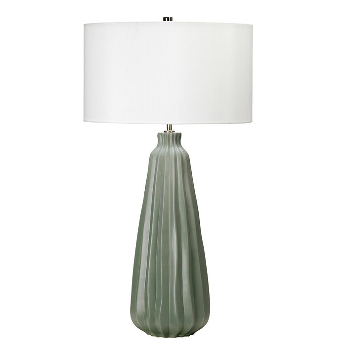 Table Lamp Sage Green Ceramic White Faux Silk Cylinder Shade LED E27 60W Loops