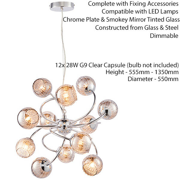 Hanging Ceiling Pendant Light CHROME & GLASS 12 Light Lamp Bulb Holder Fitting Loops