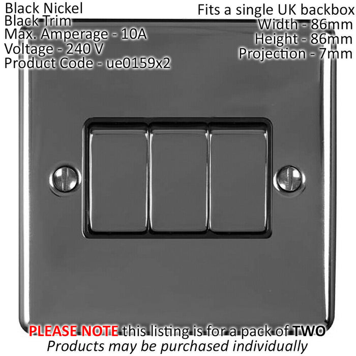2 PACK 3 Gang Metal Triple Light Switch BLACK NICKEL 2 Way 10A Black Trim Loops