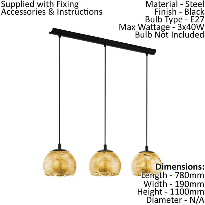 Pendant Ceiling Light Colour Black Shade Gold Color Glass Bulb E27 3x40W Loops
