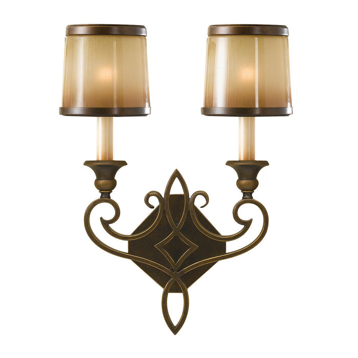 Twin Wall Light Iron Scroll Detail Glass Aged Oak Astral Bronze LED E14 60W Loops